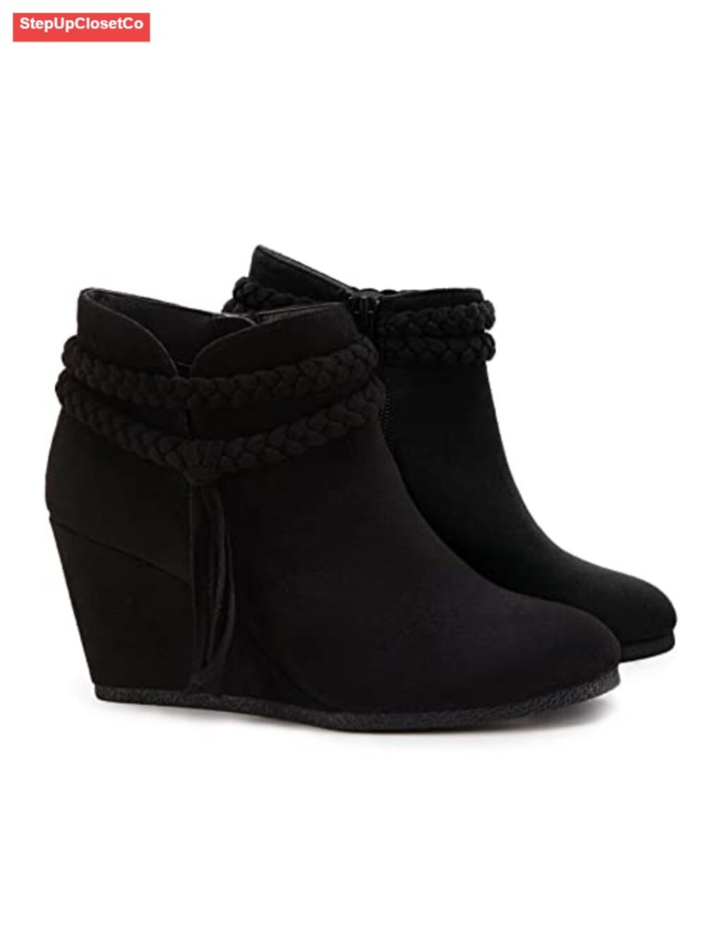 Faux Suede Wedge Ankle Booties Braided Fringe Strap Western Heeled Fall Boots